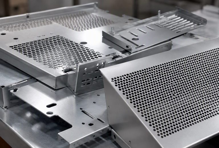 Thin aluminium enclosure panels with dense perforated vent patterns and laser-cut slots