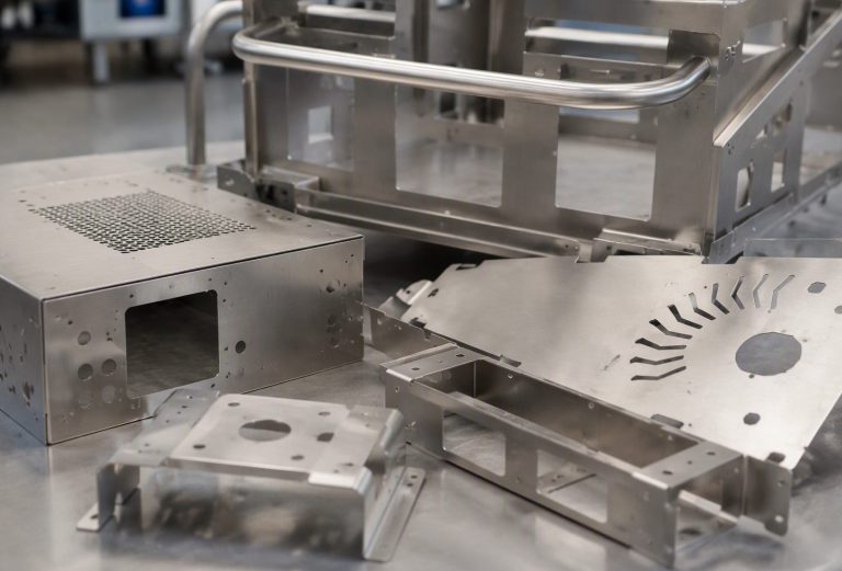 Laser-cut and formed stainless steel medical equipment enclosure panels and trolley frame