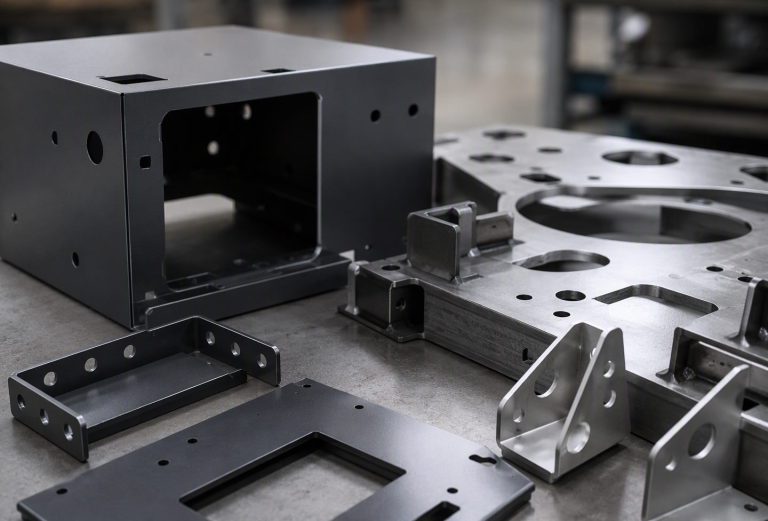 Sheet metal robot base plate and folded control cabinet housing with precision cut-outs